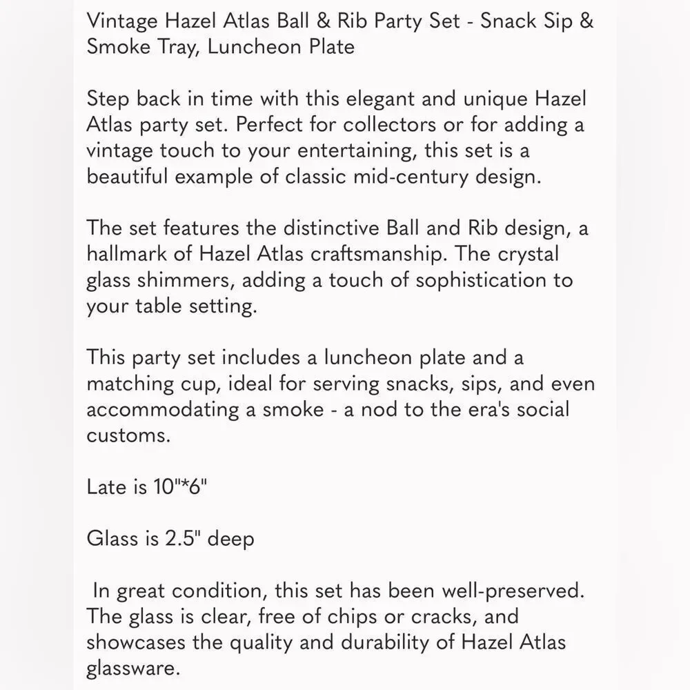 Hazel Atlas Ball & Rib Elegant Clear Glass Smoke Snack & Sip Tray 6 Oz Cup Set